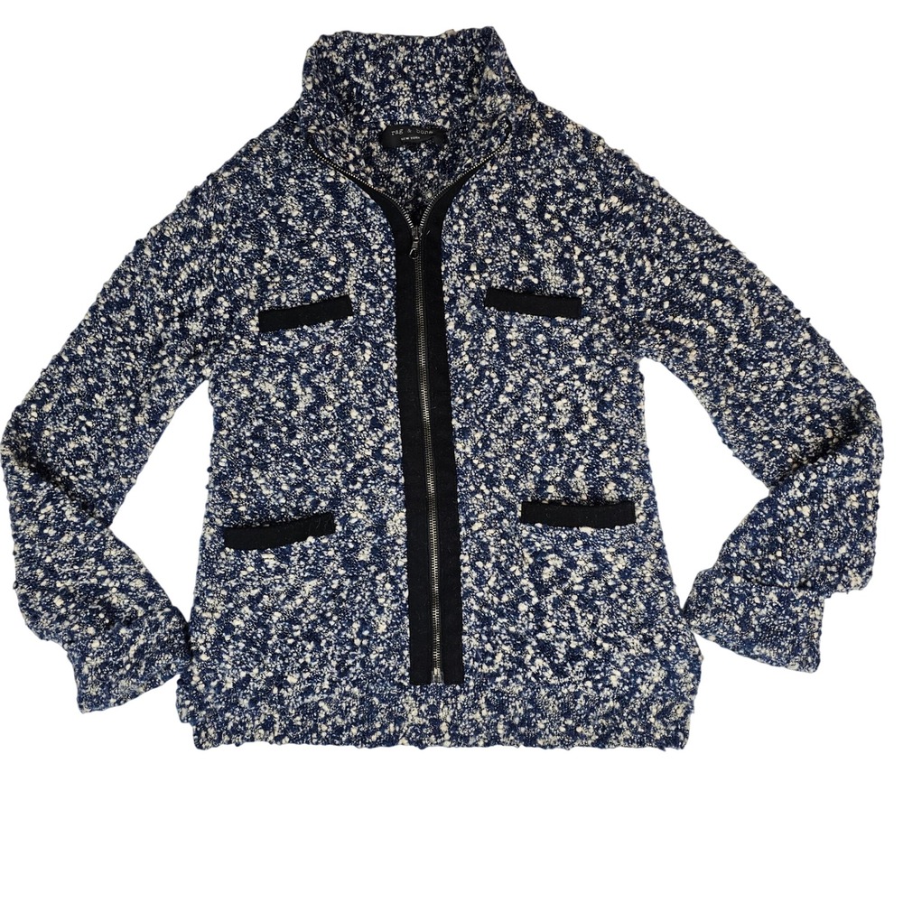 Rag & Bone Navy Blue Cream Merino Wool Boucle Full Zip Cardigan Jacket Large